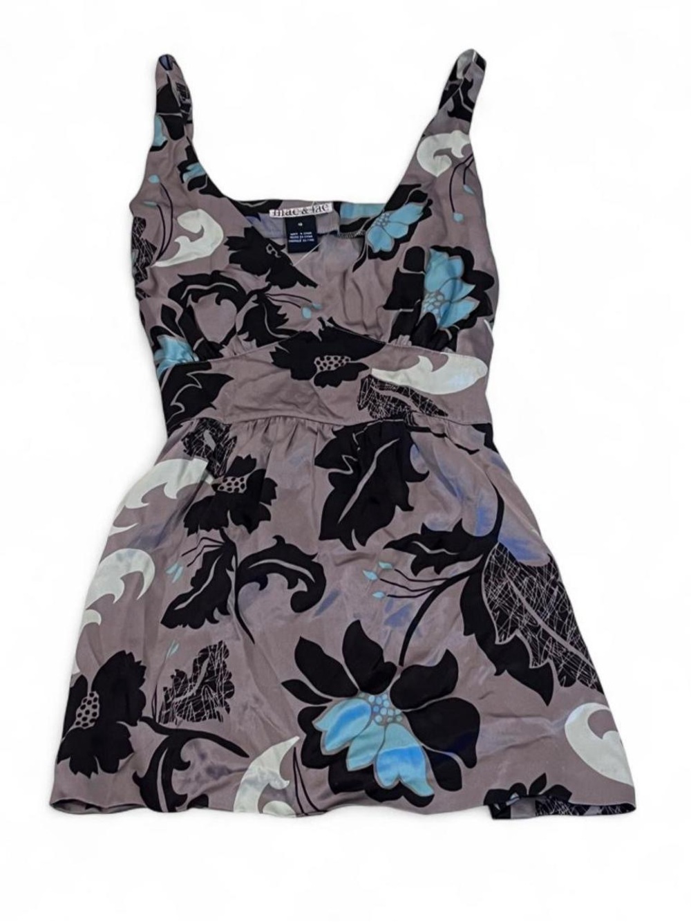 Mac & Jac black, blue, and white floral print silk babydoll tank top size 10